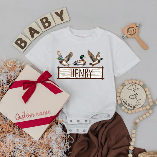Personalized Mallard Duck Hunting Romper - Baby Boy First Birthday Outfit, Newborn Bodysuit, Duck Lover Gift, Camo Baby Clothes