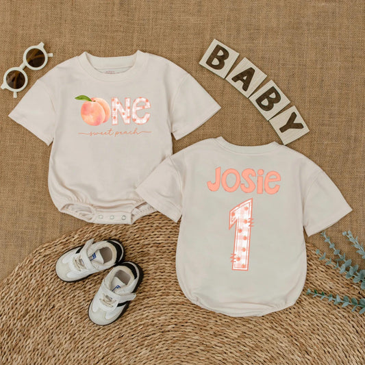 Sweet Peach First Birthday Romper Baby Girl Outfit Personalized Name Summer Party Gift 1st Birthday Bodysuit Peach Lover