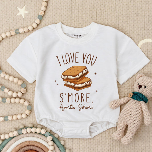 I Love You S'more Auntie Selena Baby Romper, Cute Auntie Gift Outfit, Personalized Auntie's Girl Babysuit, Funny Newborn Clothes Sparkly Smores Design (139 chars)