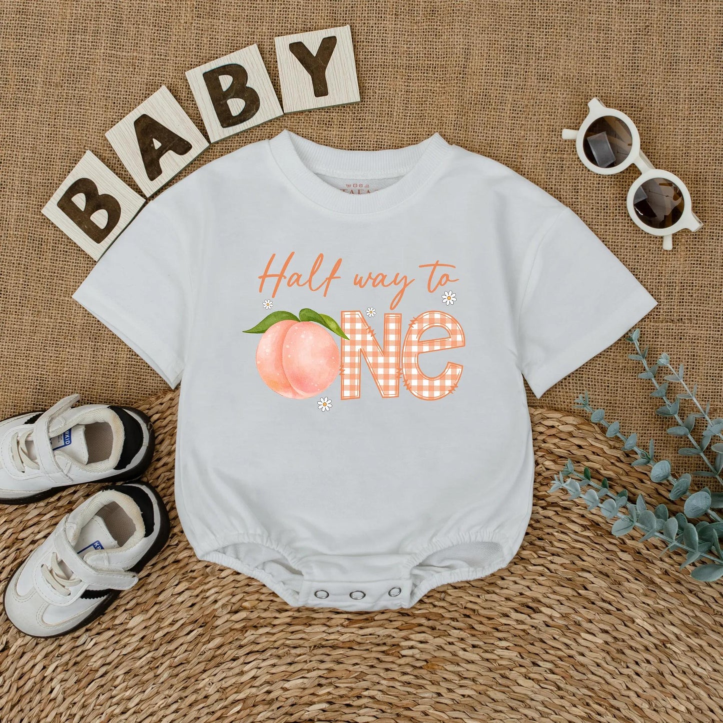 Personalized Peach Half Way To One Romper for Baby Girl's Sweet Half Birthday Party and Adorable Cake Smash Outfit Bodysuit Gift