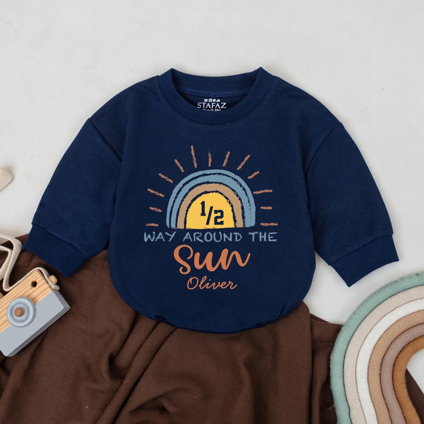 Personalized Halfway to One Baby Romper 1/2 Way Around the Sun Outfit 6 Month Milestone Bubble Gift