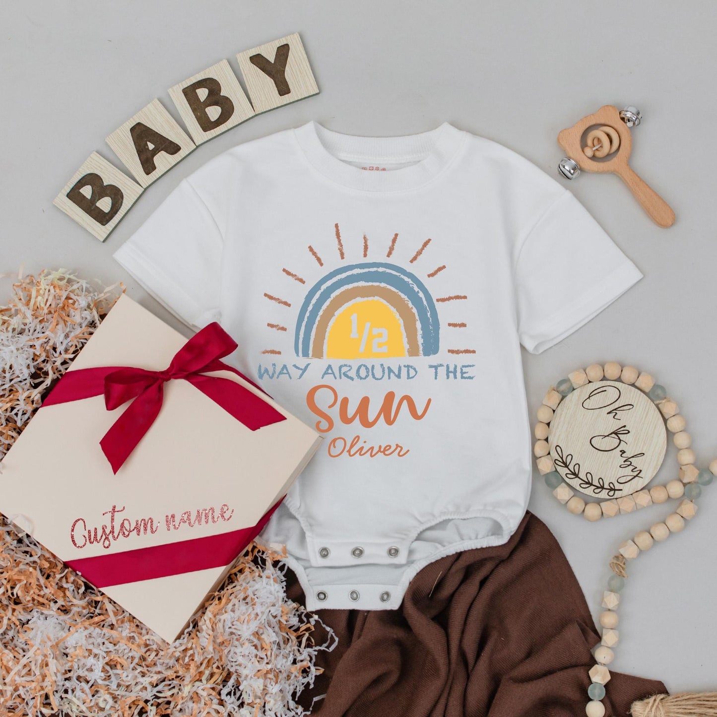 Personalized Halfway to One Baby Romper 1/2 Way Around the Sun Outfit 6 Month Milestone Bubble Gift