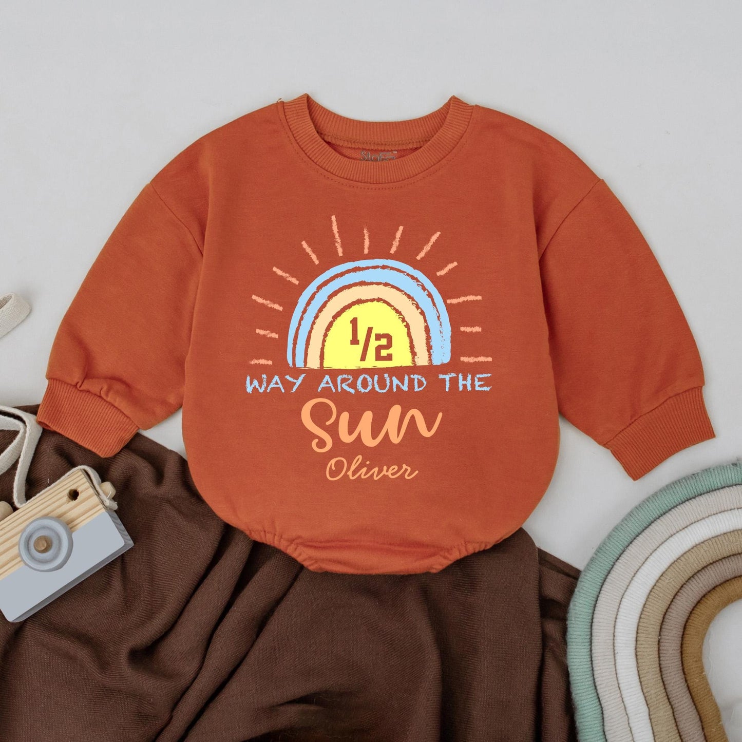 Personalized Halfway to One Baby Romper 1/2 Way Around the Sun Outfit 6 Month Milestone Bubble Gift