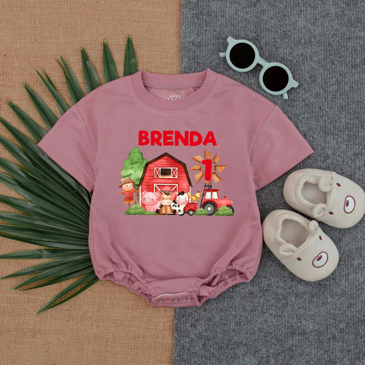 Personalized Farm Theme 1st Birthday Bubble Romper for Baby Boy with Name, Funny Farm Animal T-Shirt Bodysuit Soft Cotton Gift