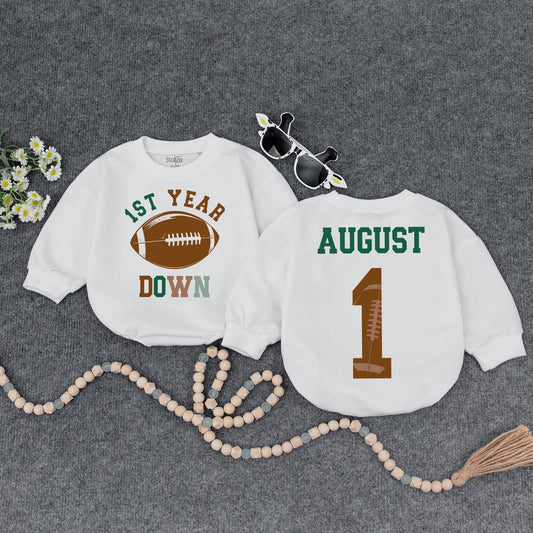 1st Year Down Football Baby Romper Green Brown August 1st Birthday Outfit Game Day Bodysuit Baby Shower Gift