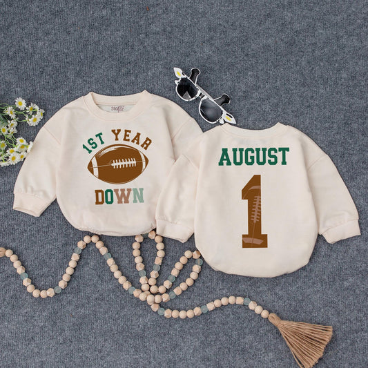 1st Year Down Football Baby Romper Green Brown August 1st Birthday Outfit Game Day Bodysuit Baby Shower Gift