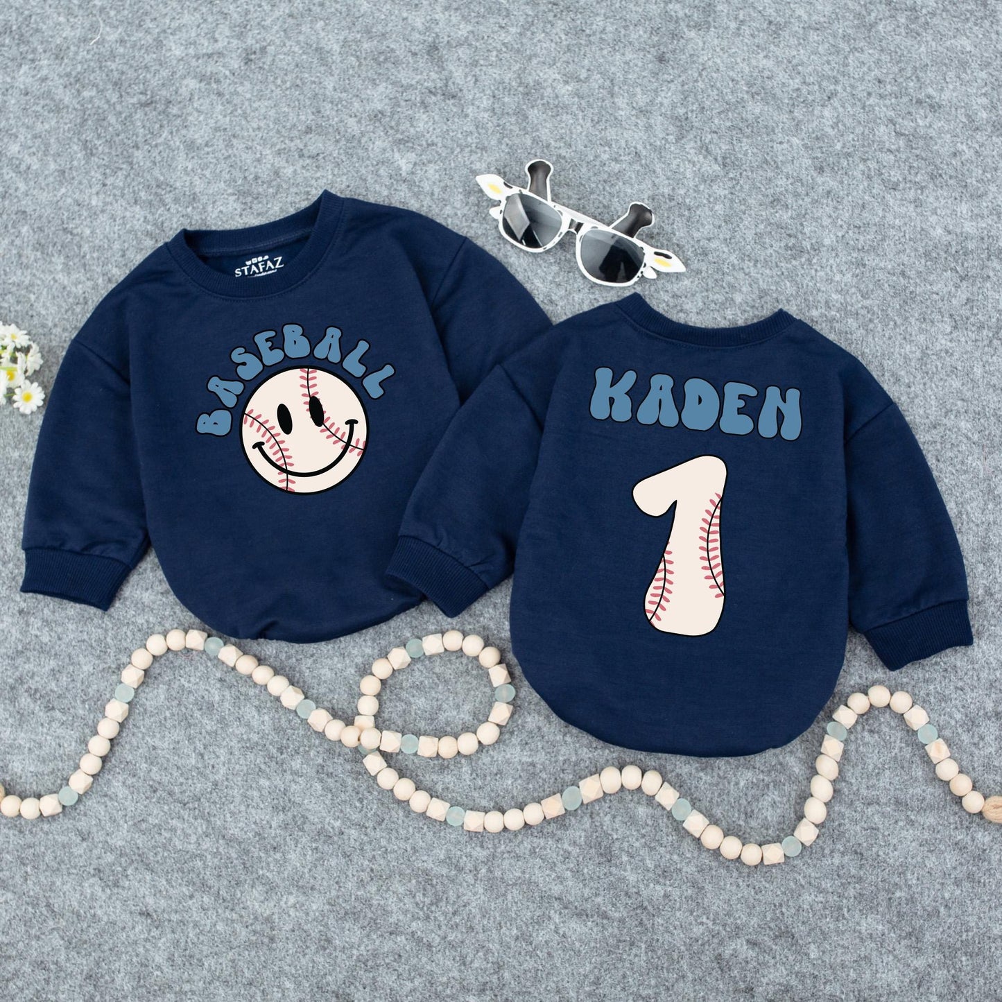 Personalized Baseball Baby Romper, Retro Game Day Outfit, Custom Kaden Number 1, Vintage Inspired Boy Clothes, First Birthday Shower Gift 135 char