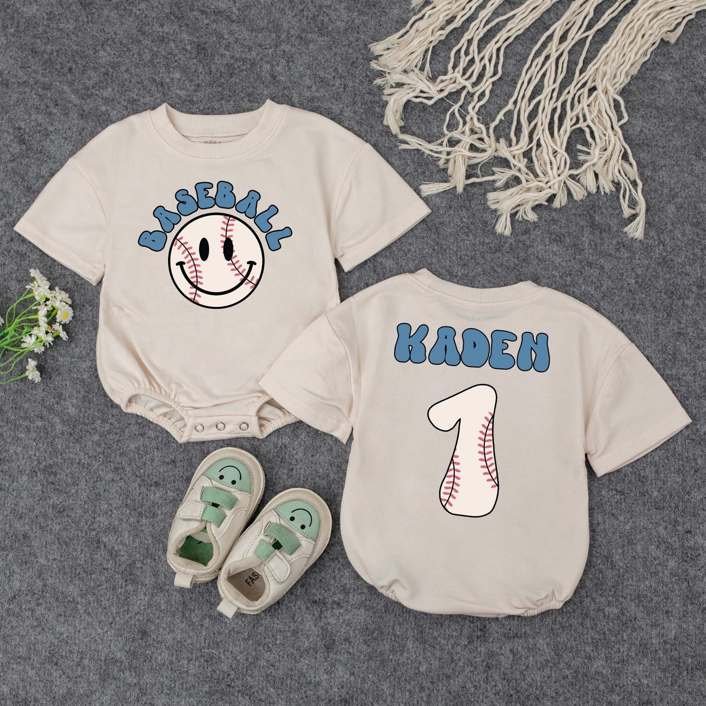 Personalized Baseball Baby Romper, Retro Game Day Outfit, Custom Kaden Number 1, Vintage Inspired Boy Clothes, First Birthday Shower Gift 135 char