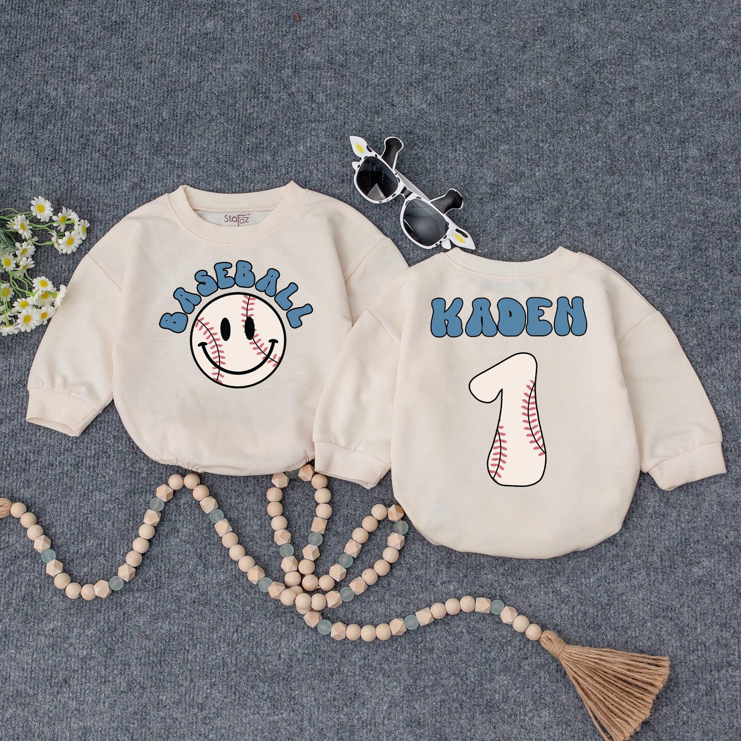 Personalized Baseball Baby Romper, Retro Game Day Outfit, Custom Kaden Number 1, Vintage Inspired Boy Clothes, First Birthday Shower Gift 135 char