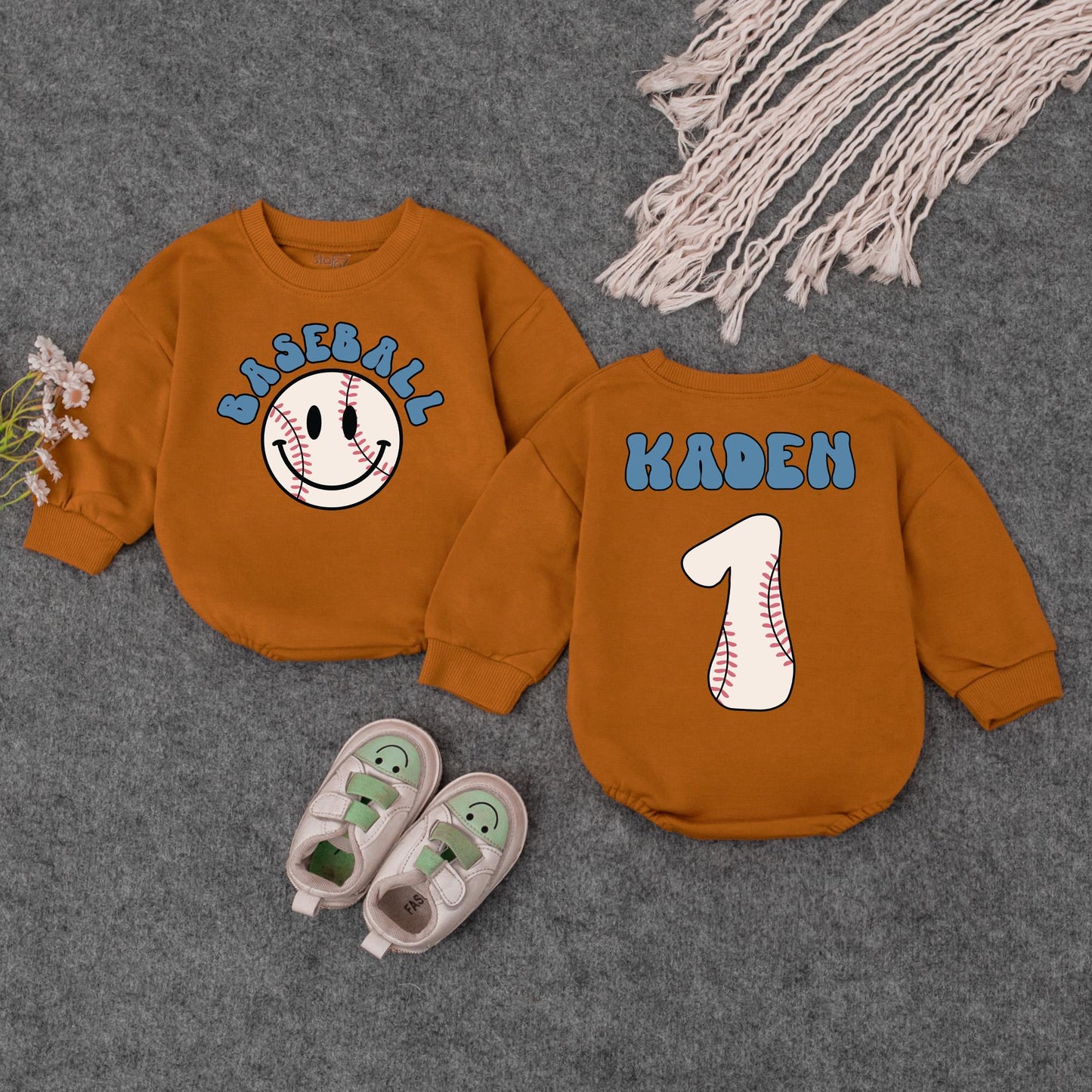 Personalized Baseball Baby Romper, Retro Game Day Outfit, Custom Kaden Number 1, Vintage Inspired Boy Clothes, First Birthday Shower Gift 135 char