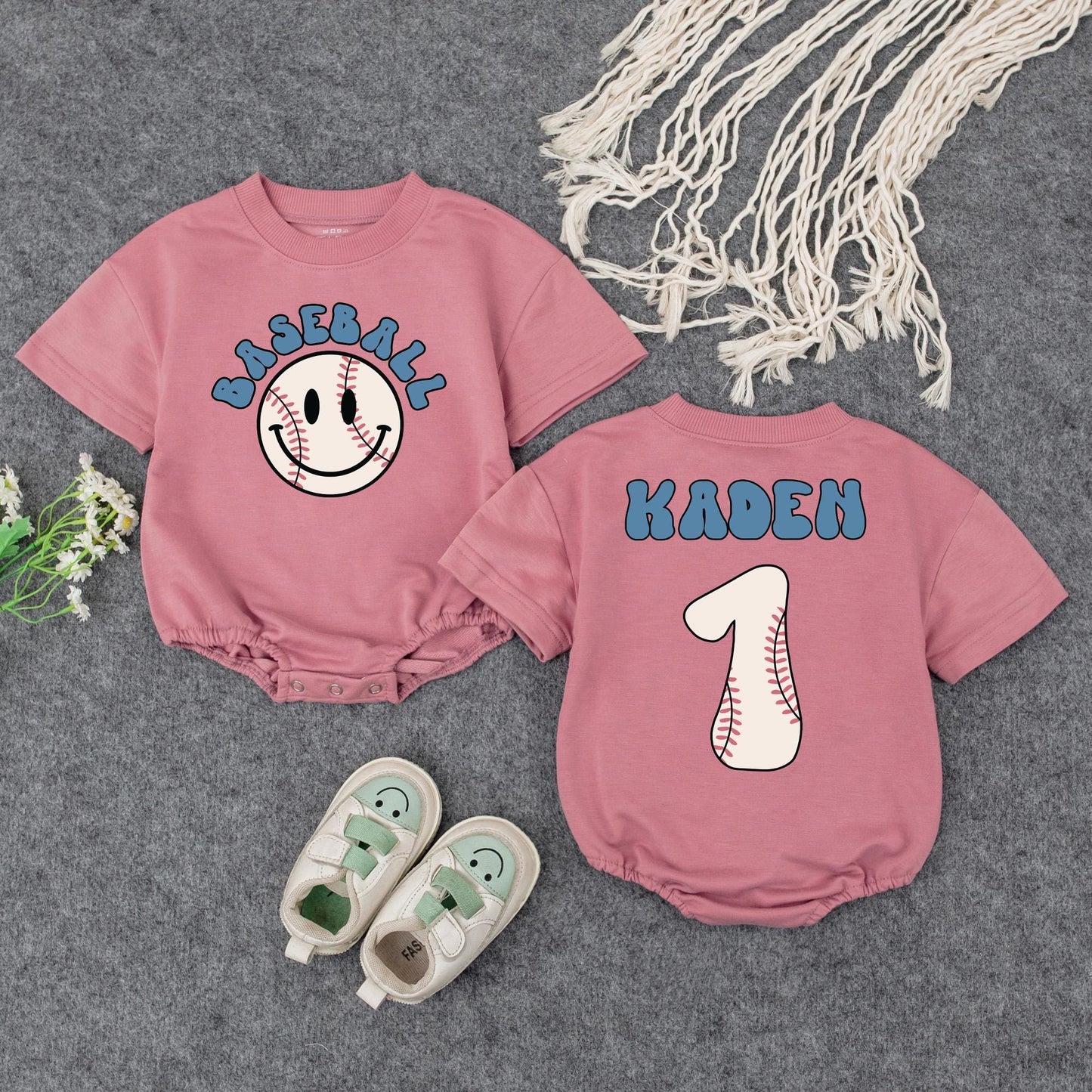 Personalized Baseball Baby Romper, Retro Game Day Outfit, Custom Kaden Number 1, Vintage Inspired Boy Clothes, First Birthday Shower Gift 135 char