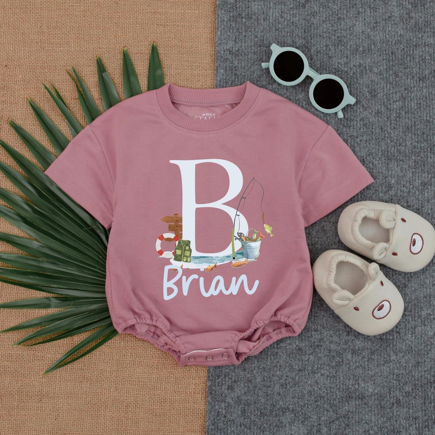 Personalized Watercolor Fishing Romper Baby Boy Outfit Little Fisherman Summer Bubble Romper Custom Name Toddler Gift