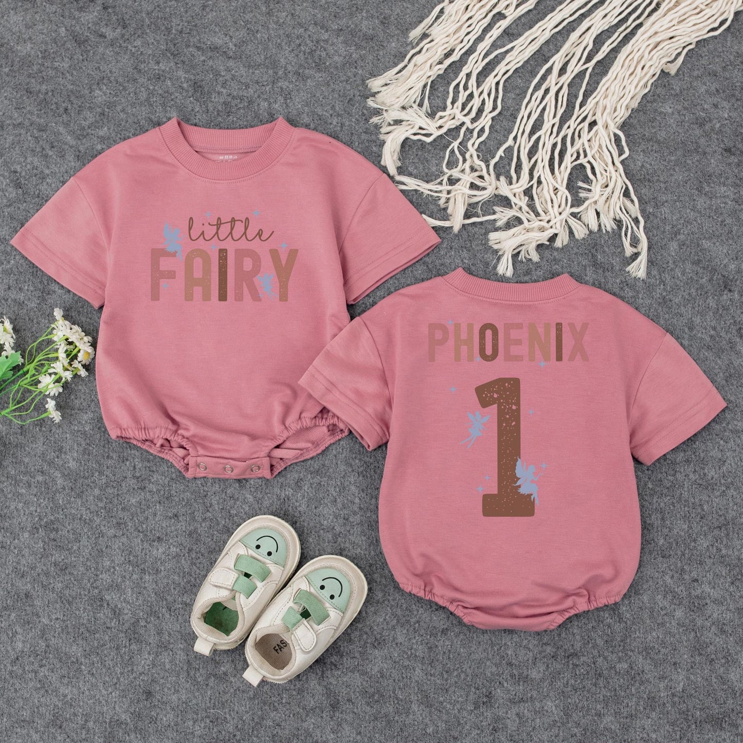 Retro Fairy Birthday Romper for Baby Girl Little Fairy Vintage Design Soft Pink Brown Blue Personalized First Birthday Outfit