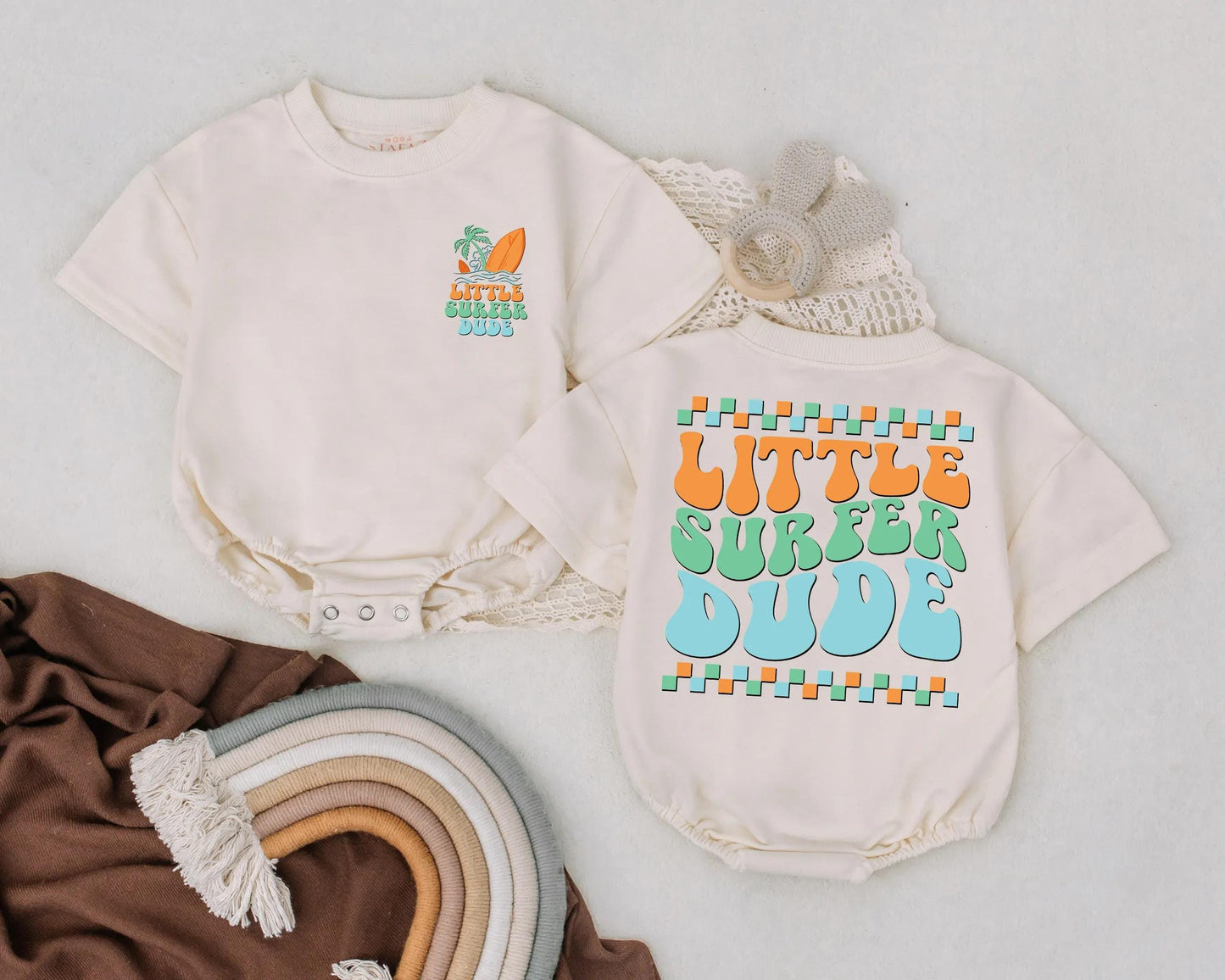 Little Surfer Dude Baby Romper Retro Beach Summer Outfit for Baby Boys, Cute Surf Clothes, Toddler Vacation Clothes, Bubble Romper