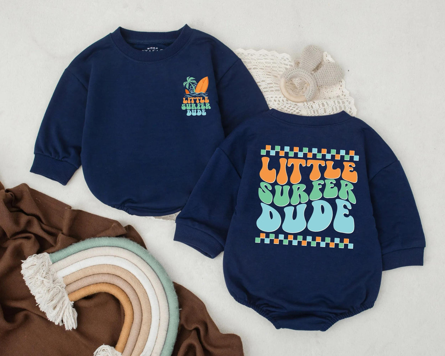Little Surfer Dude Baby Romper Retro Beach Summer Outfit for Baby Boys, Cute Surf Clothes, Toddler Vacation Clothes, Bubble Romper