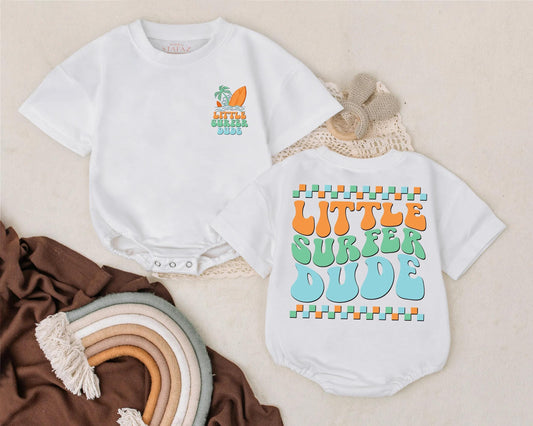 Little Surfer Dude Baby Romper Retro Beach Summer Outfit for Baby Boys, Cute Surf Clothes, Toddler Vacation Clothes, Bubble Romper