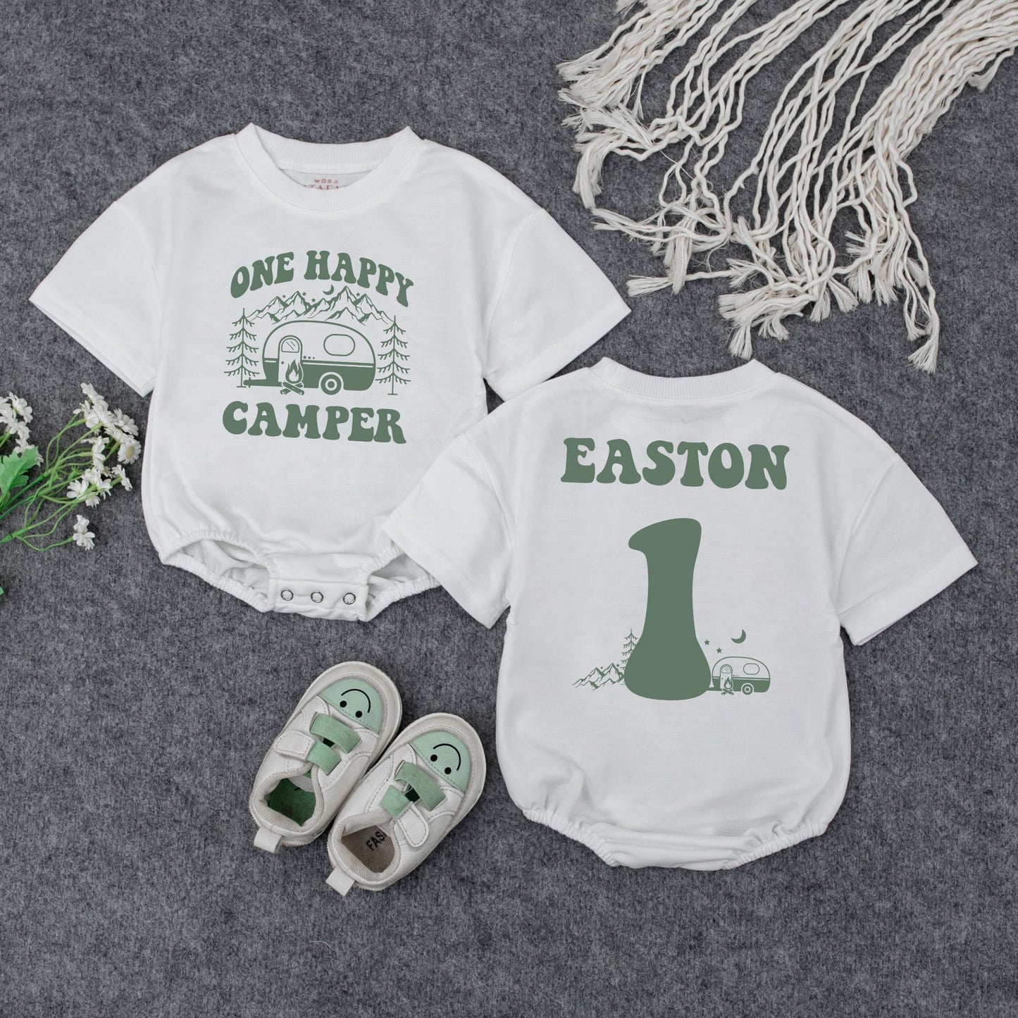 Personalized One Happy Camper Baby Romper Retro Rainbow First Birthday Outfit Adventure Baby Shower Gift Camping Theme