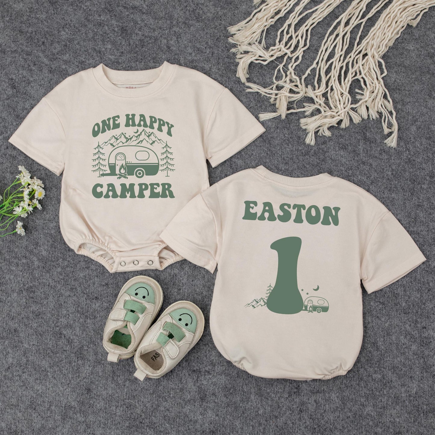 Personalized One Happy Camper Baby Romper Retro Rainbow First Birthday Outfit Adventure Baby Shower Gift Camping Theme