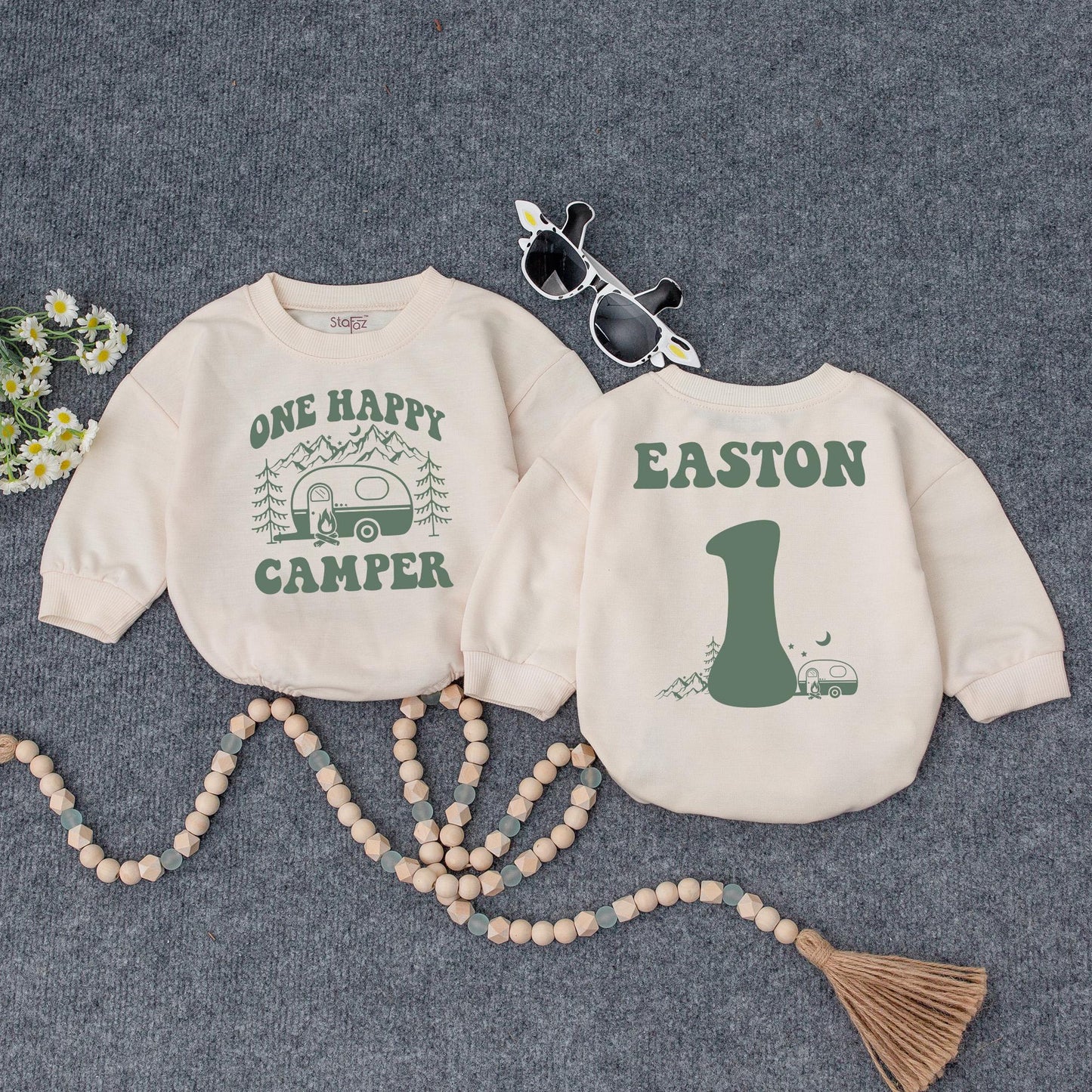 Personalized One Happy Camper Baby Romper Retro Rainbow First Birthday Outfit Adventure Baby Shower Gift Camping Theme