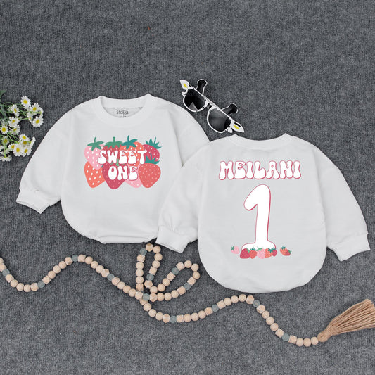 Sweet One Strawberry Birthday Romper for Baby Girl First Birthday Outfit Bubble Romper Adorable Berry Party Theme