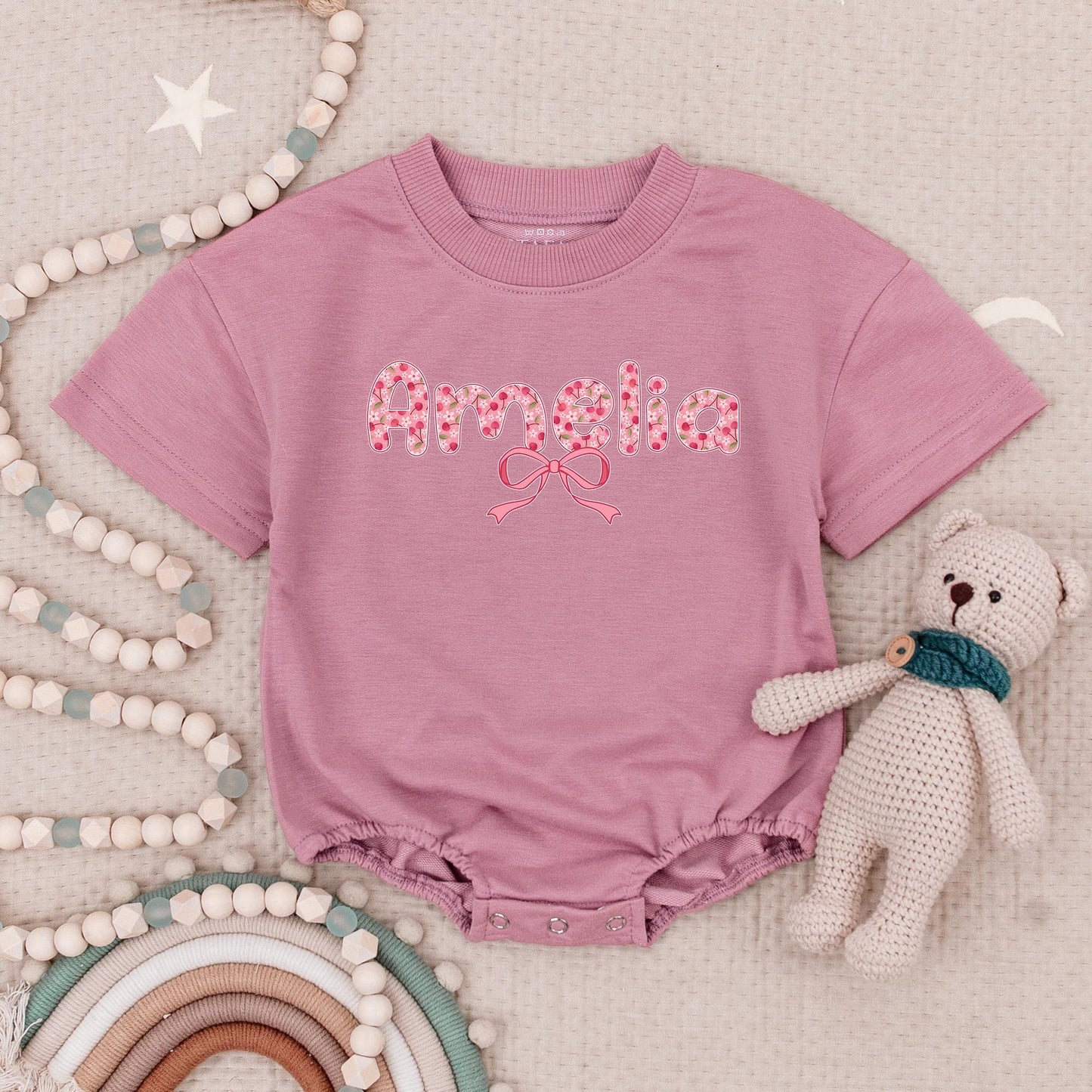 Amelia's Cherries & Bows Baby Romper, Personalized Pink Floral Girl Outfit, Cute First Birthday Bodysuit, Short Sleeve Summer Clothing 138 Chars