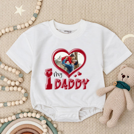 Custom Photo "I Love My Daddy" Baby Romper, Personalized Dad & Child Picture Bodysuit, Heart Frame Kids Apparel, Newborn Gift, Your Photo Here, Soft Cotton (137 chars)