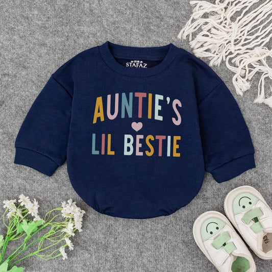 Auntie's Lil Bestie Newborn Baby Romper Gift from Auntie, soft comfortable cotton bodysuit featuring sweet handwriting for shower or pregnancy announcement