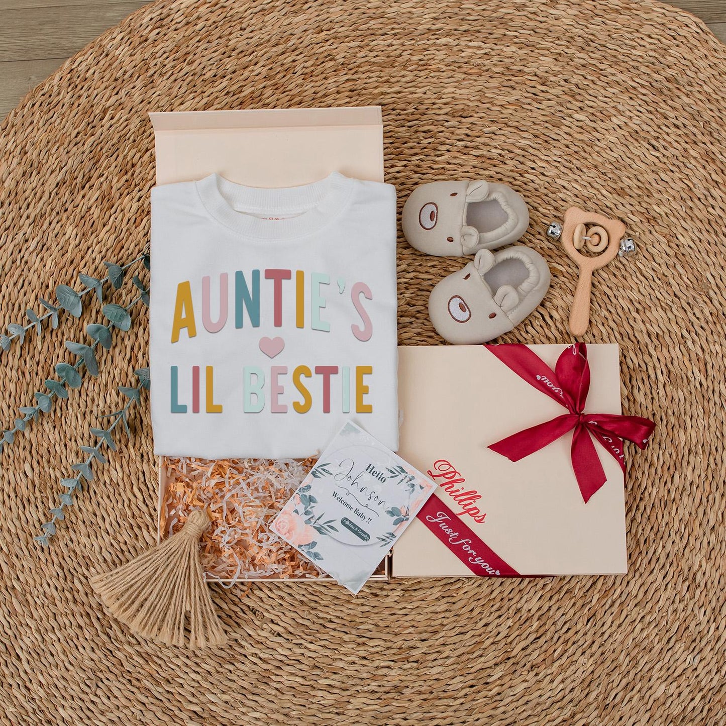 Auntie's Lil Bestie Newborn Baby Romper Gift from Auntie, soft comfortable cotton bodysuit featuring sweet handwriting for shower or pregnancy announcement