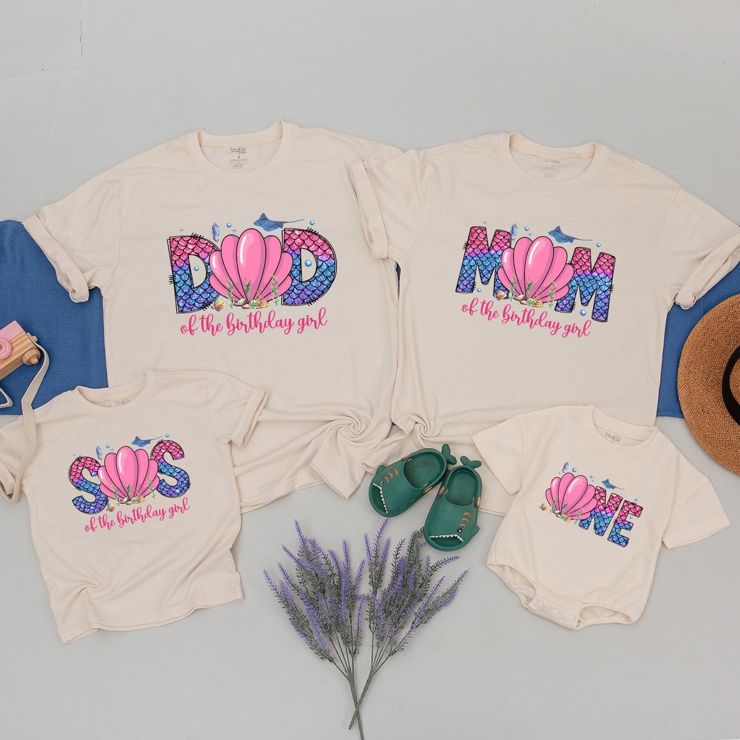 Personalized Oneder the Sea First Birthday Girl Family Matching Shirts Mommy Daddy Baby Ocean Animals Mermaid Party Outfit