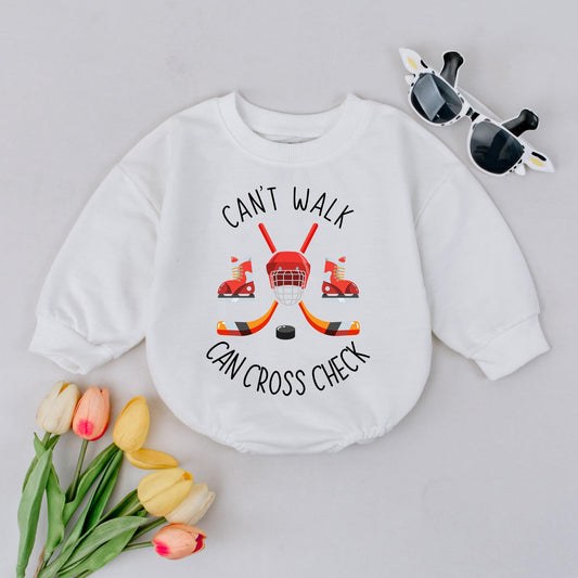 Funny Hockey Baby Shirt: Can't Walk, Can Cross-Check Bodysuit Gift for Hockey Fans Newborn Sports Baby Clothes