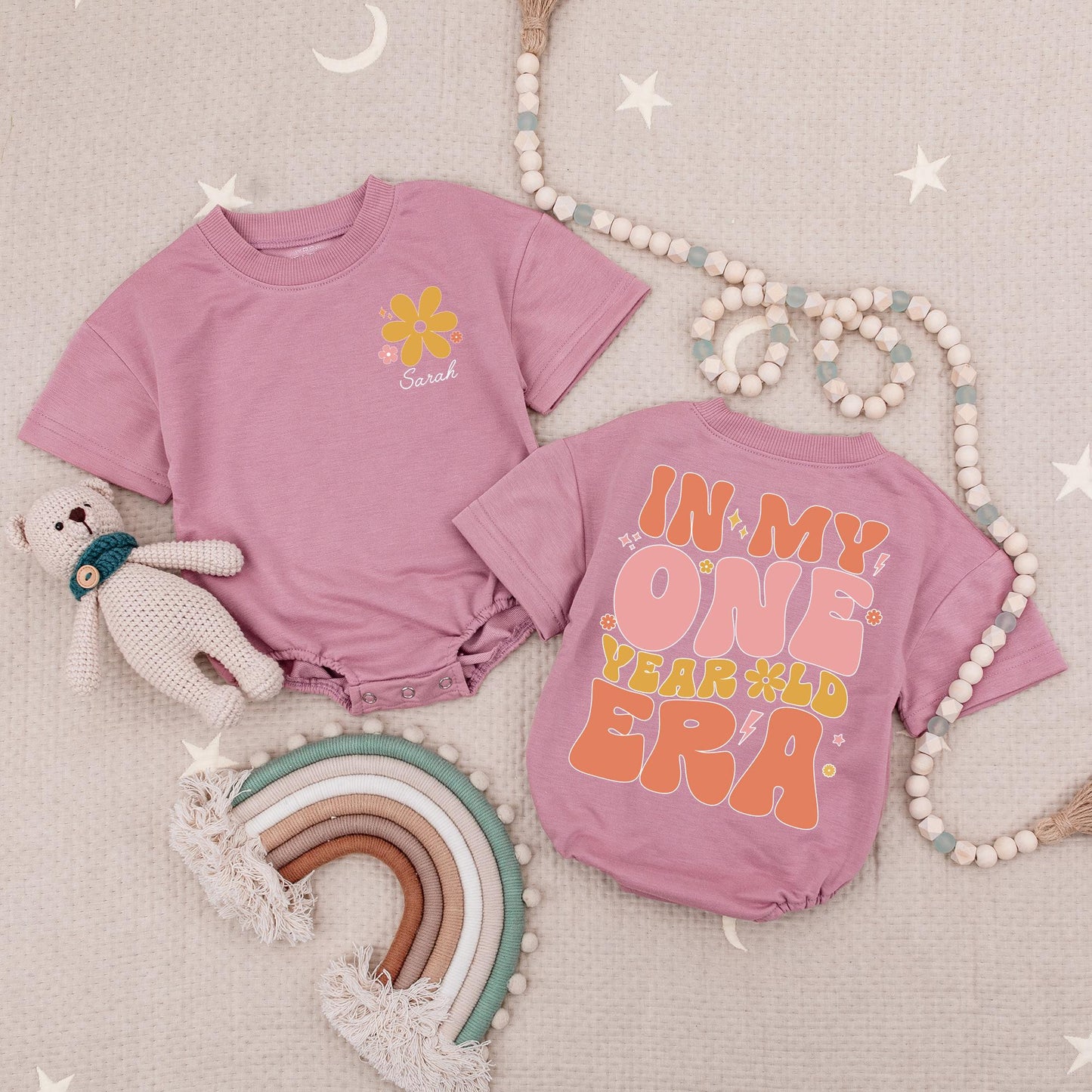 Custom Name One Year Old Era Romper, Retro First Birthday Girl Outfit, Personalized 1st Birthday Babysuit, Peach & Pink Floral Party, 138 chars