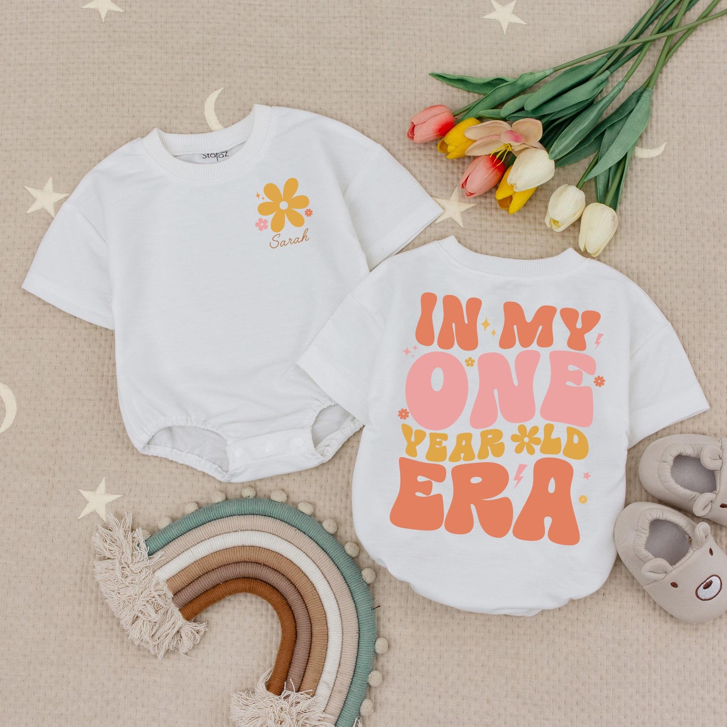 Custom Name One Year Old Era Romper, Retro First Birthday Girl Outfit, Personalized 1st Birthday Babysuit, Peach & Pink Floral Party, 138 chars