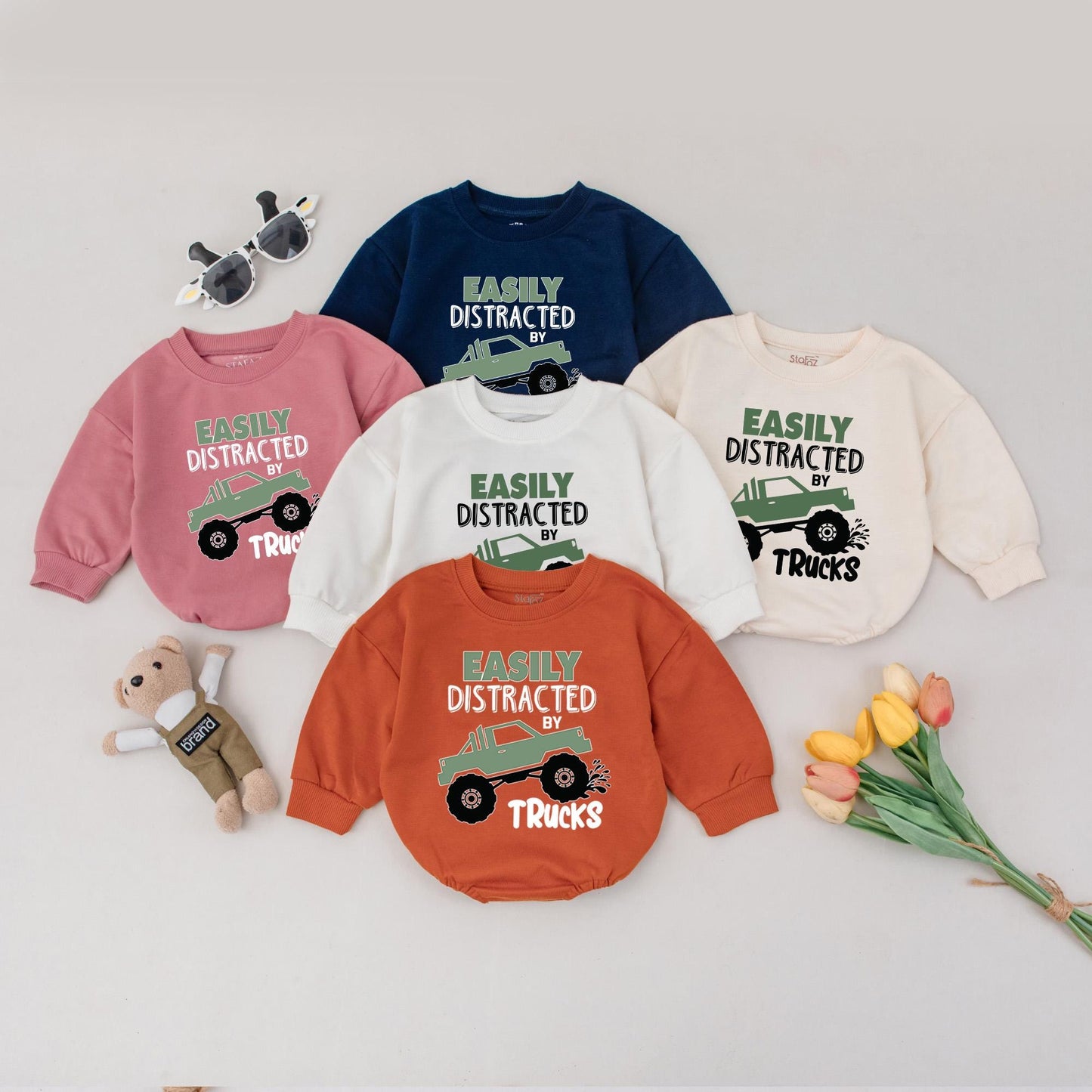 Truck Lover Baby & Toddler Shirt | Boys Truck Sweatshirt Birthday Outfit | Easily Distracted by Trucks Gift | Mud Truck Top