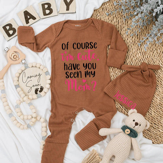 Funny Baby Girl Bodysuit: "Of Course I'm Cute, Have You Seen My Mom?" Newborn Ribbed Romper, Adorable Pink Heart Design, Baby Shower Gift, Coming Home Outfit