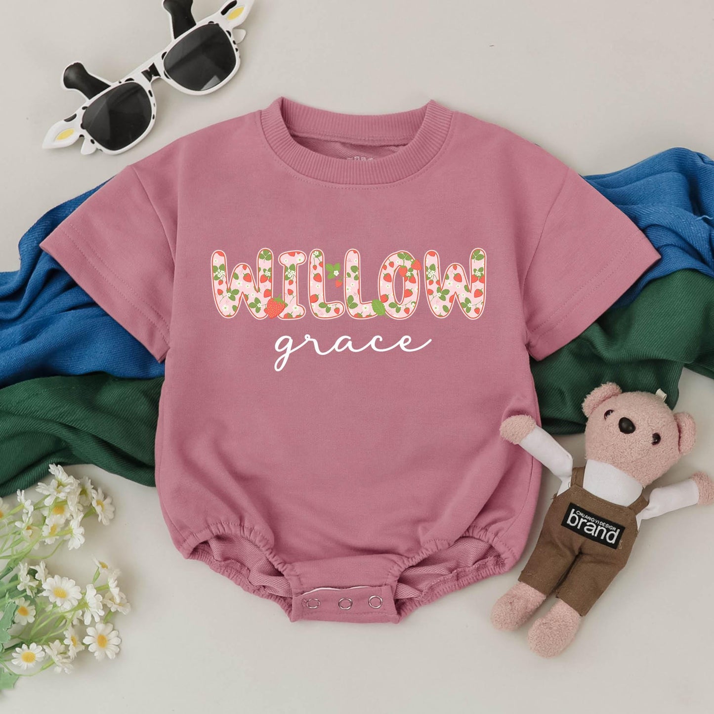 Personalized Strawberry Floral Baby Romper Cute Infant Bodysuit for Girls Newborn Baby Shower Gift