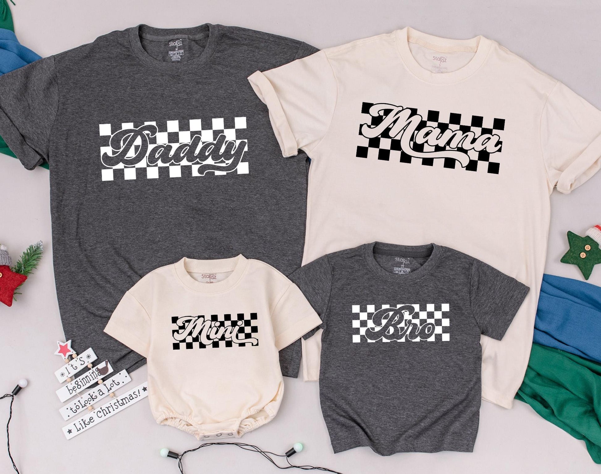 Retro Checkered Family Shirts Mommy and Me Baby Bodysuit Matching Outfits Distressed Tees