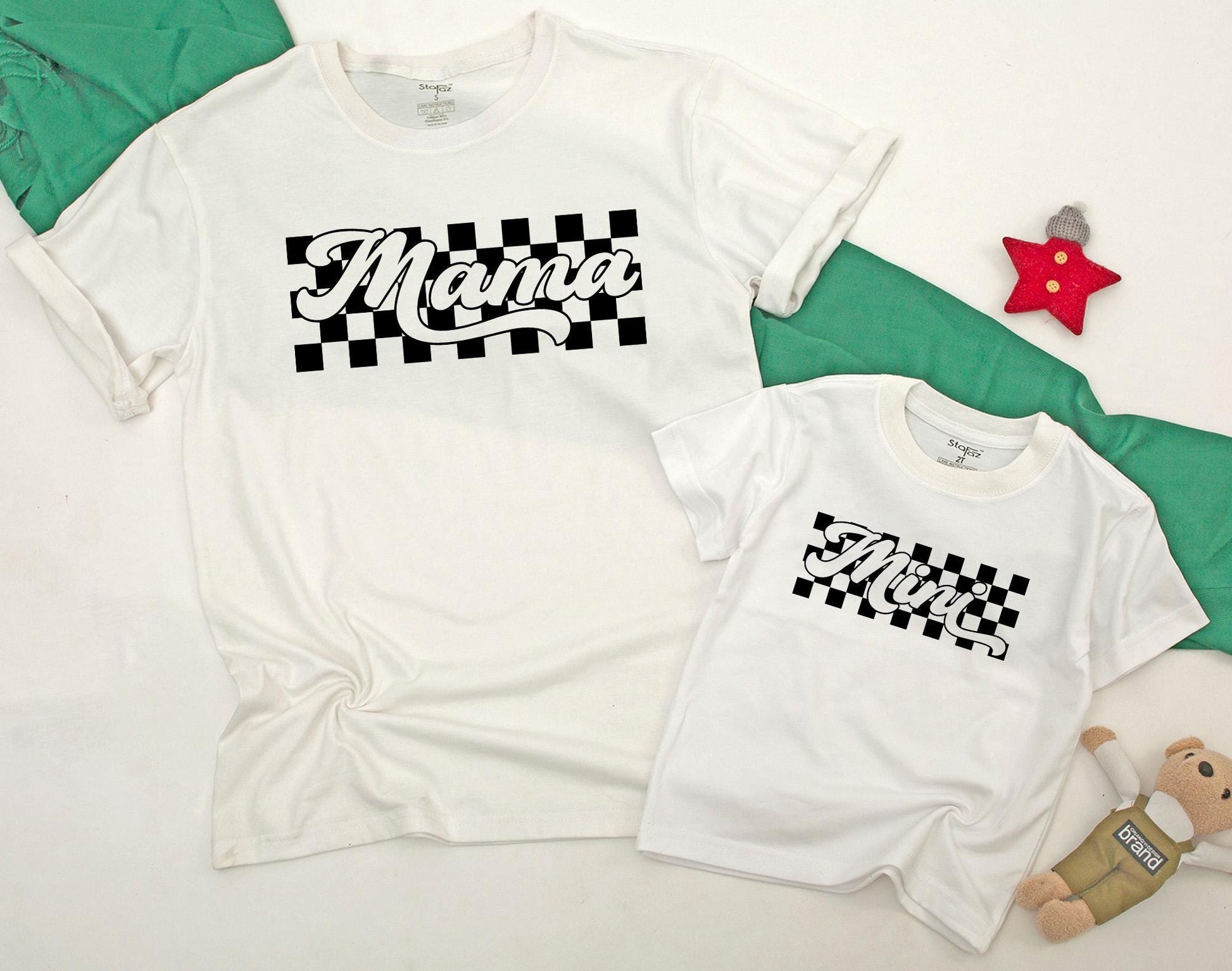 Retro Checkered Family Shirts Mommy and Me Baby Bodysuit Matching Outfits Distressed Tees