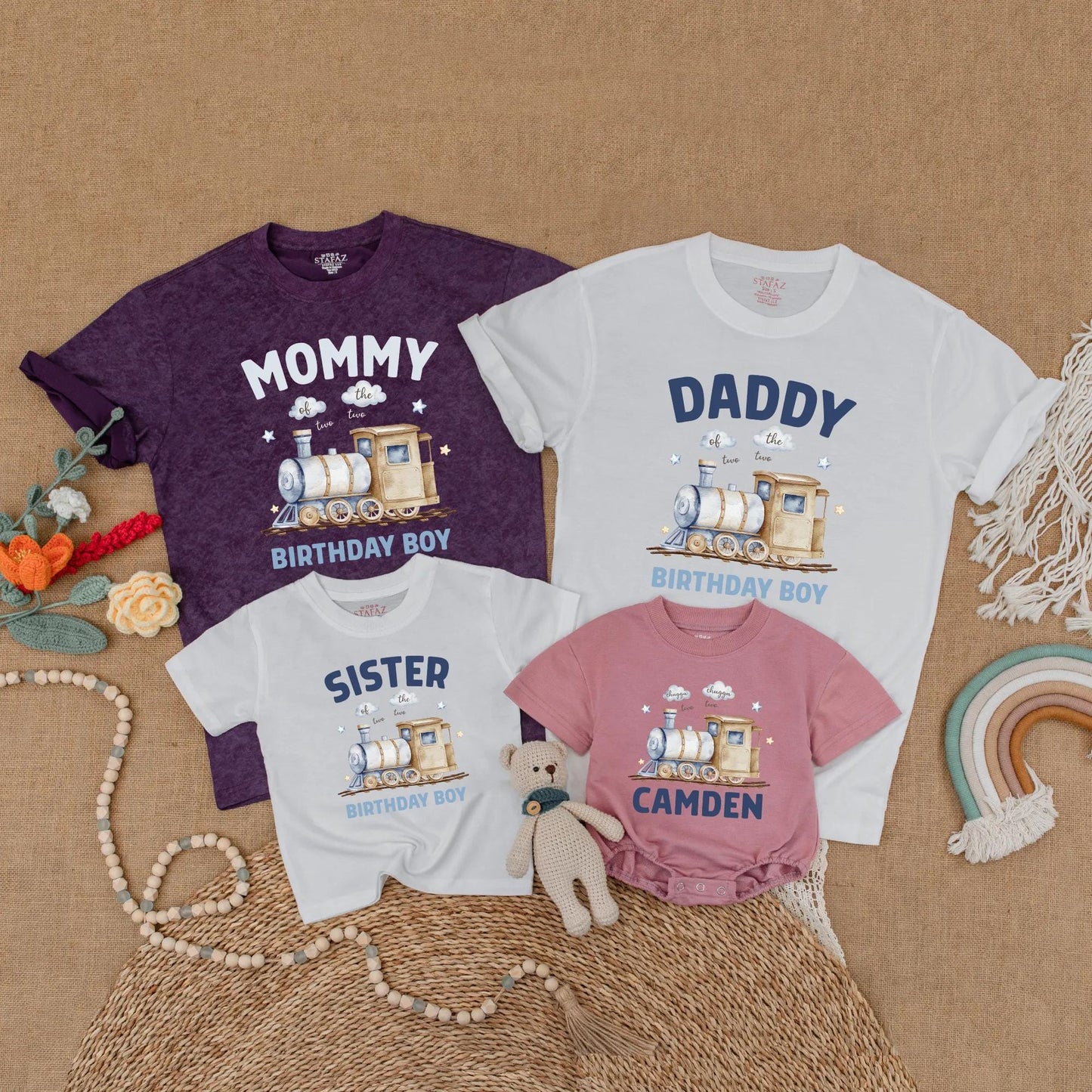 Matching Train Birthday Family Shirts, Chugga Chugga Two Two Outfit, 2nd Birthday Boy, Watercolor Train Design, Soft Blues & Tans