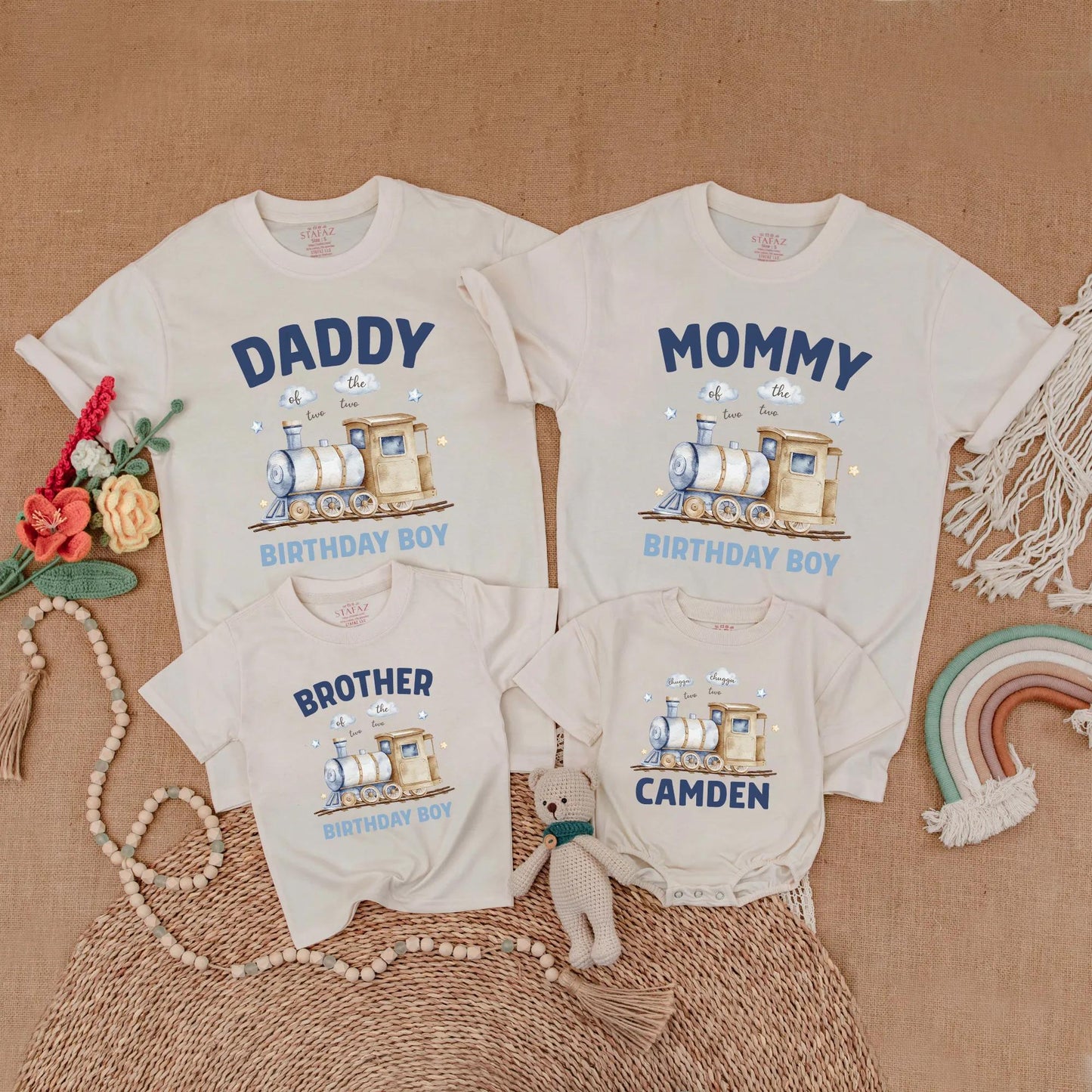 Matching Train Birthday Family Shirts, Chugga Chugga Two Two Outfit, 2nd Birthday Boy, Watercolor Train Design, Soft Blues & Tans