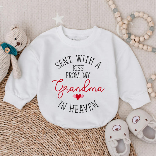 Personalized Sent With A Kiss From Grandma In Heaven Baby Romper New Grandbaby Gift Newborn Announcement Outfit Memorial Clothes