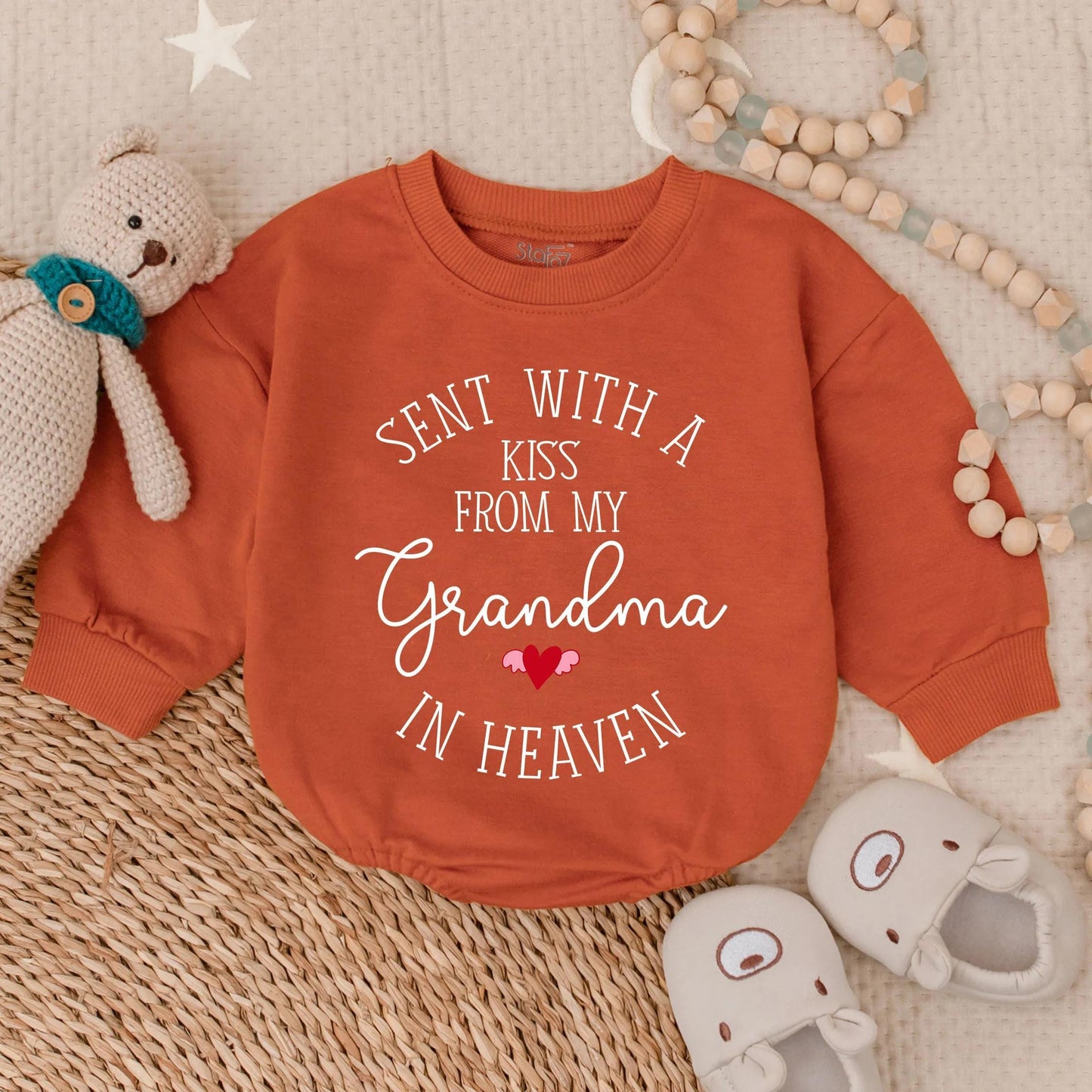 Personalized Sent With A Kiss From Grandma In Heaven Baby Romper New Grandbaby Gift Newborn Announcement Outfit Memorial Clothes