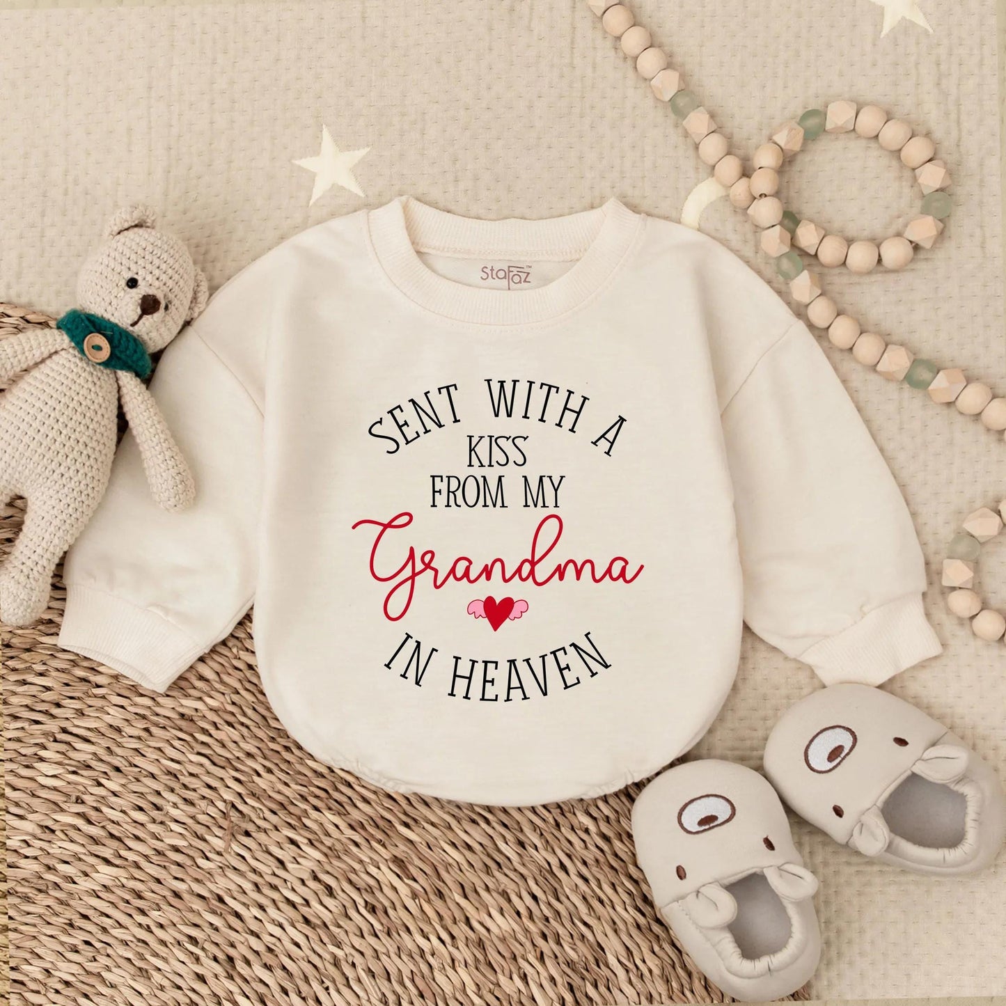 Personalized Sent With A Kiss From Grandma In Heaven Baby Romper New Grandbaby Gift Newborn Announcement Outfit Memorial Clothes