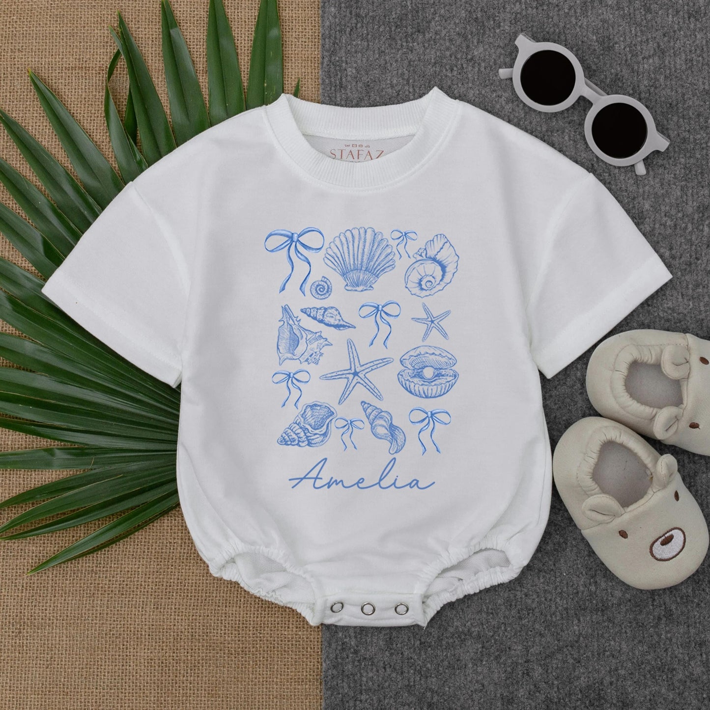 Personalized Seashell Baby Bubble Romper Short Sleeve Ocean Beach Outfit for Toddler Infant Girl Summer Vacation Gift