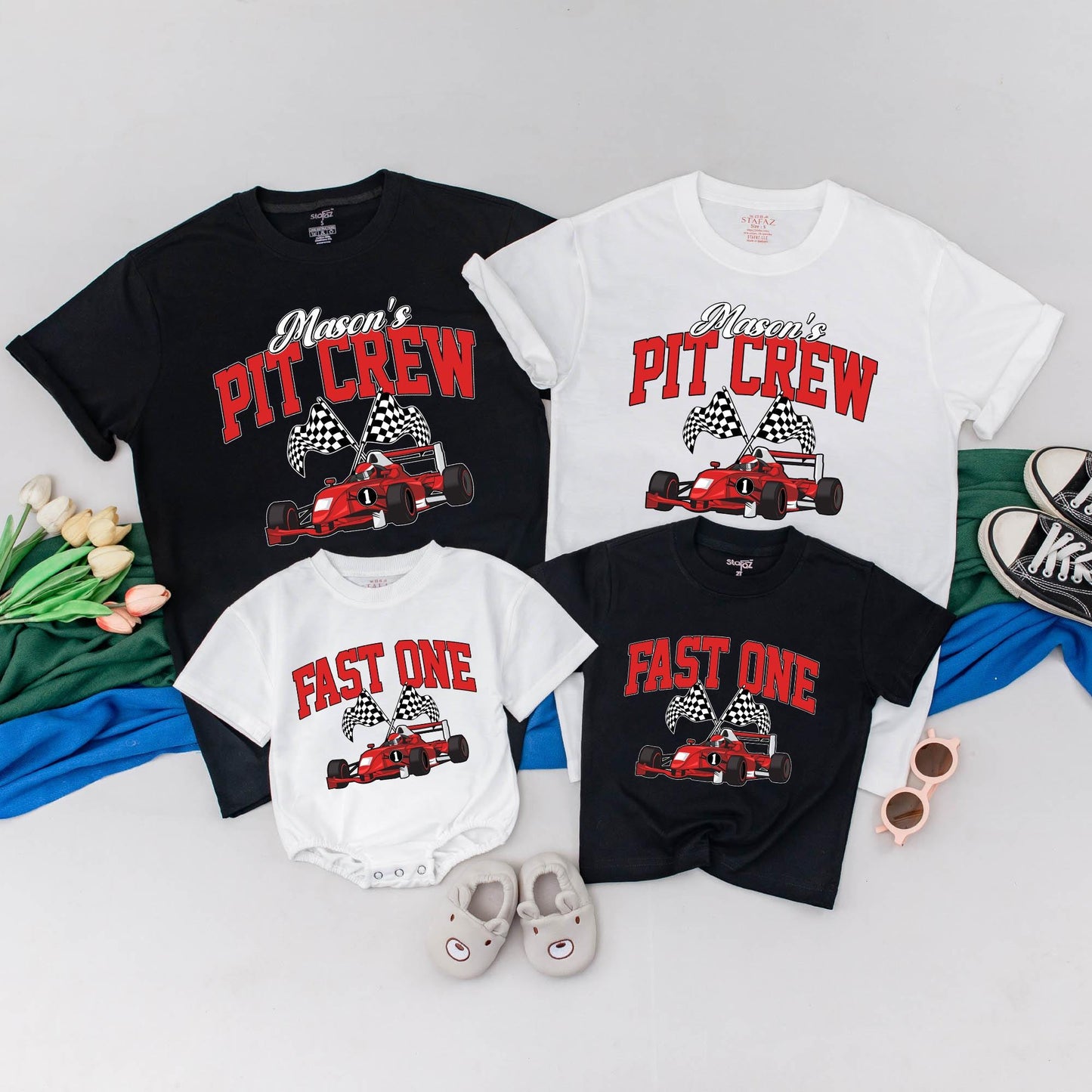 Personalized Pit Crew Family Matching T-Shirts, Race Car Birthday Outfit for 1st Birthday Girl or Boy, Fast One Shirts