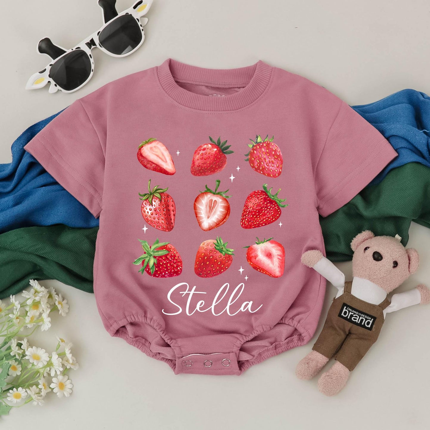 Personalized Strawberry Baby Romper, Custom Name Bodysuit, Girl Fruit Outfit, Baby Shower Gift, Newborn Clothes