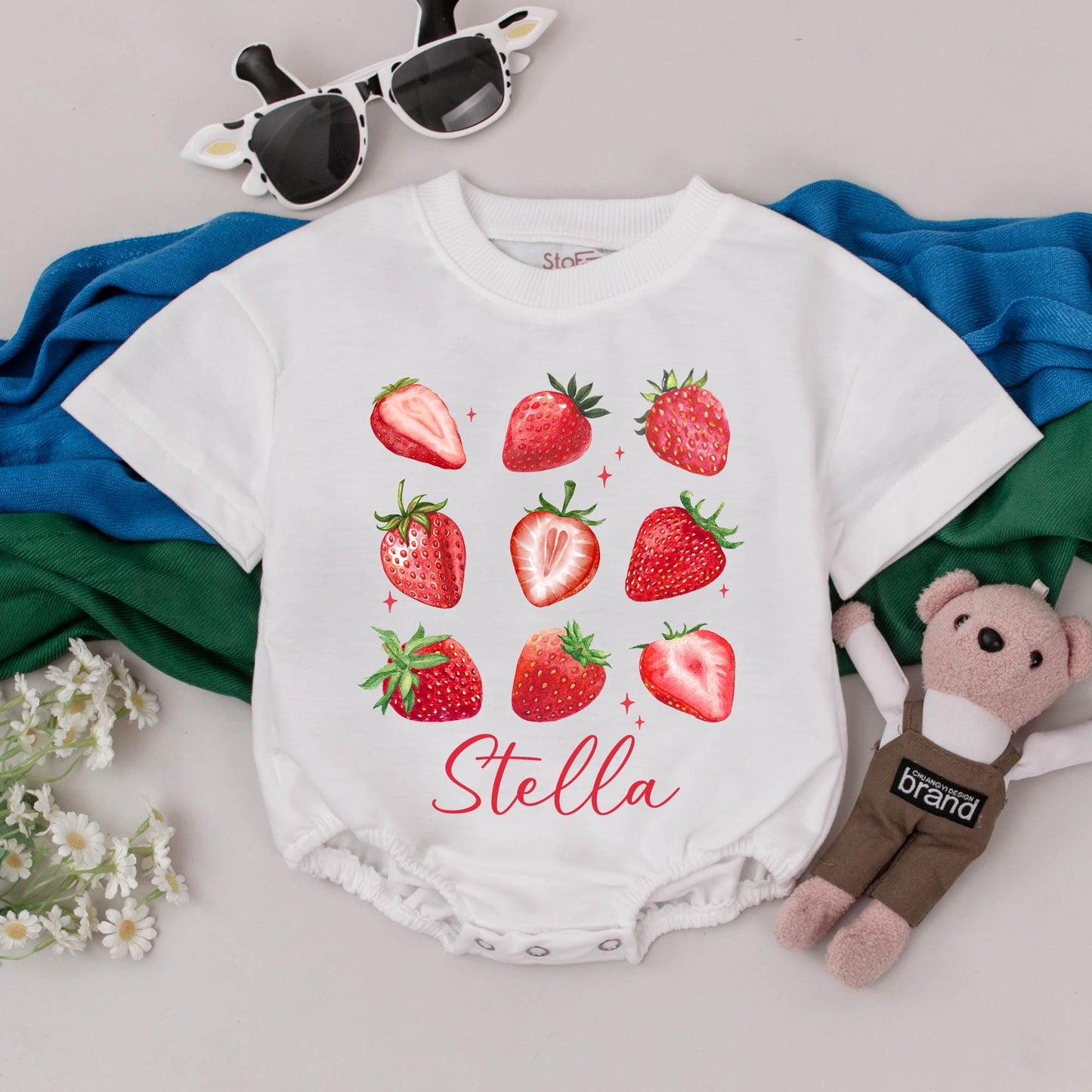 Personalized Strawberry Baby Romper, Custom Name Bodysuit, Girl Fruit Outfit, Baby Shower Gift, Newborn Clothes