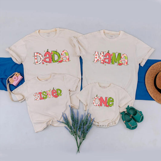 Matching Watermelon Family Birthday Outfit: First Birthday Bubble Romper & Toddler Tee, Summer Fruit Party, Baby Girl's 1st Look