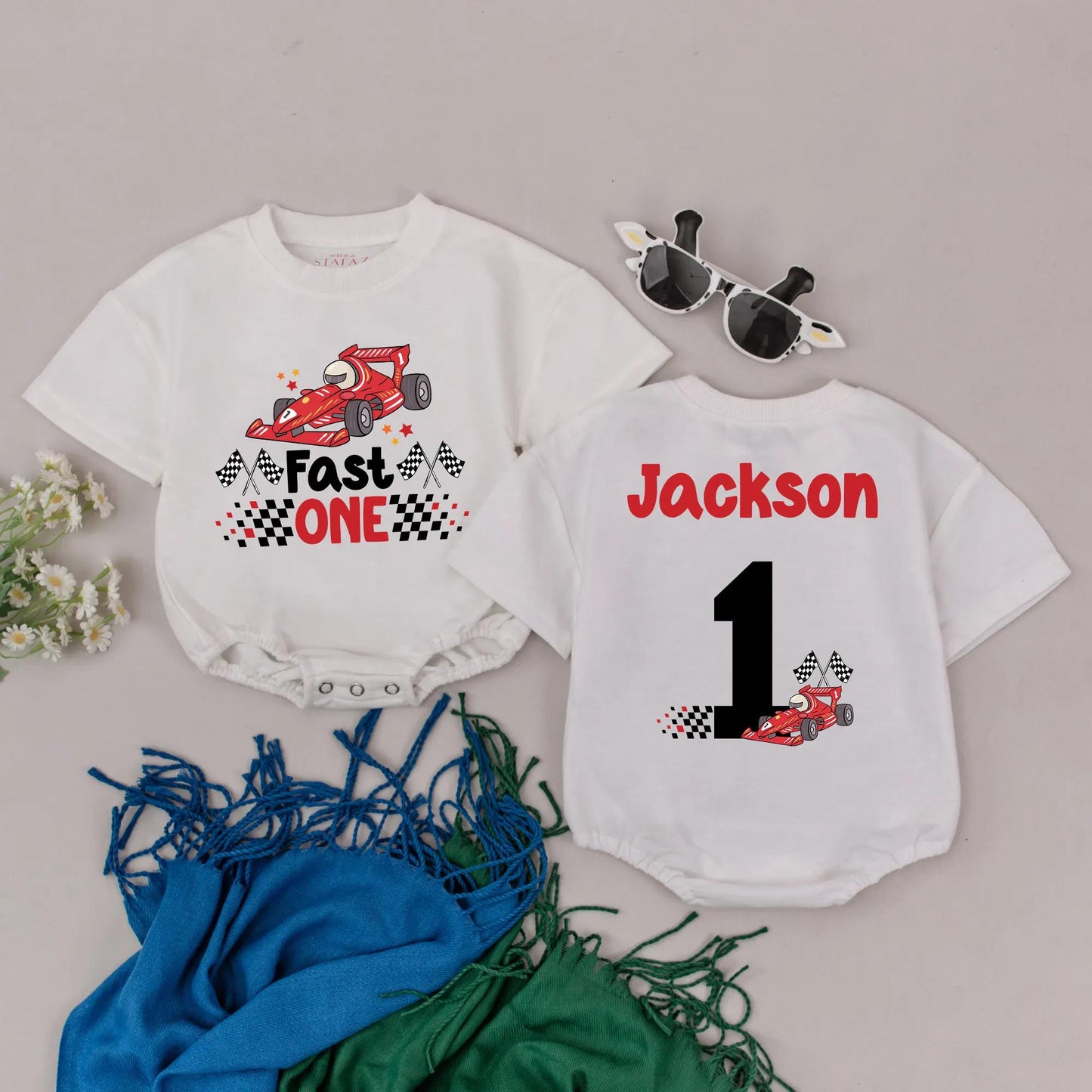 Personalized Fast One Race Car Baby Romper for 1st Birthday Outfit Custom Name Race Theme Bodysuit Boy Gift Idea