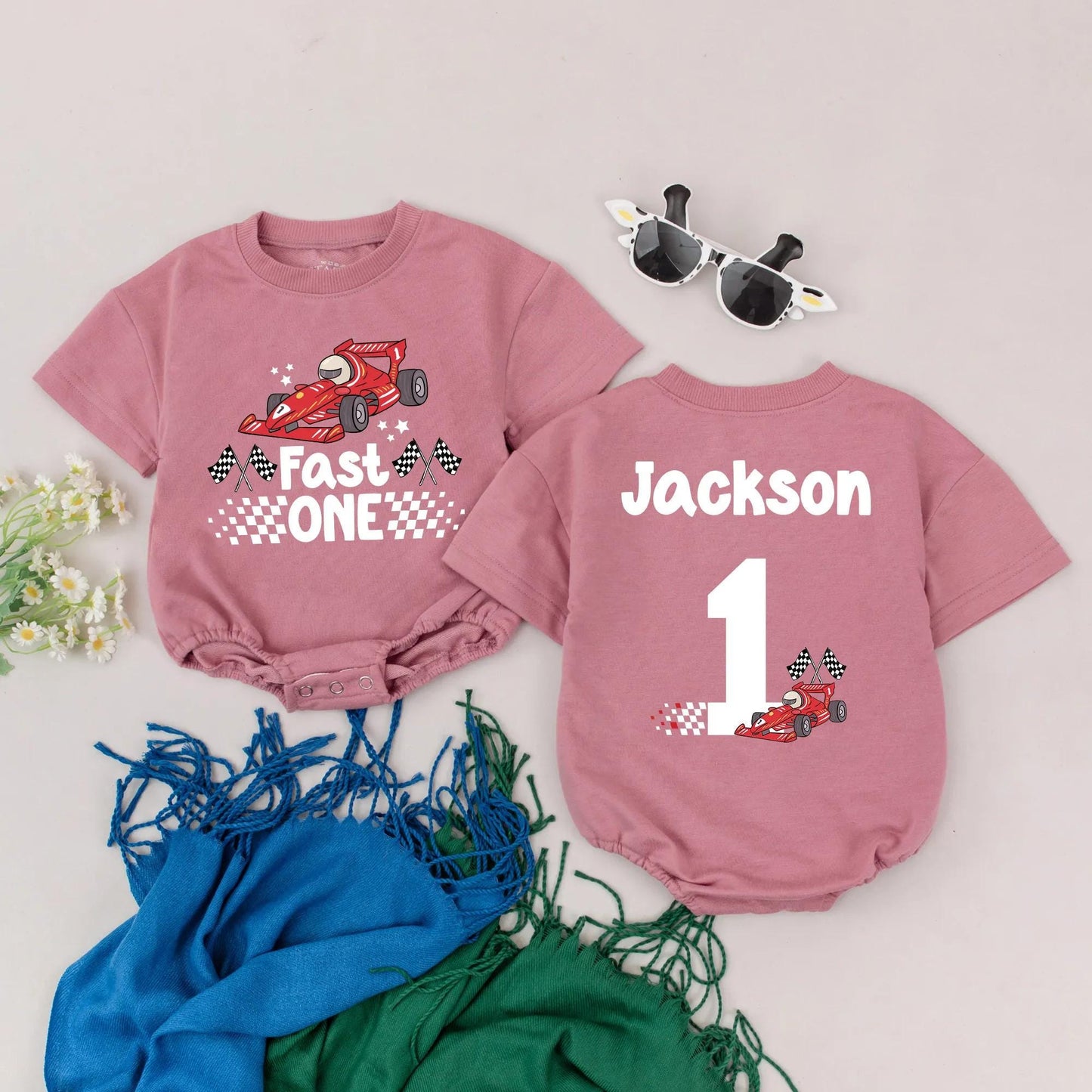 Personalized Fast One Race Car Baby Romper for 1st Birthday Outfit Custom Name Race Theme Bodysuit Boy Gift Idea