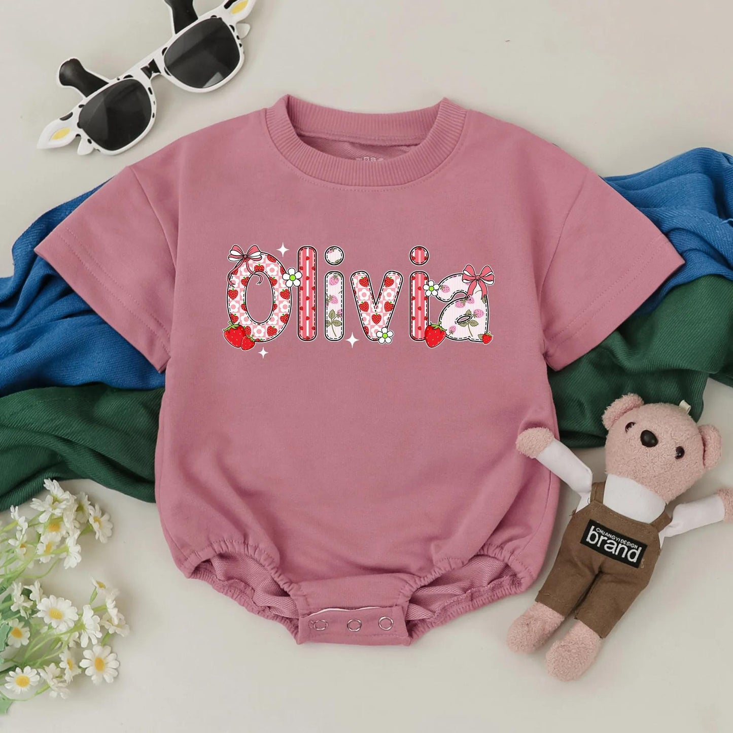 Personalized Strawberry Baby Girl Romper Custom Name Floral Summer Bodysuit Cute Newborn Fruit Birthday Gift Outfit